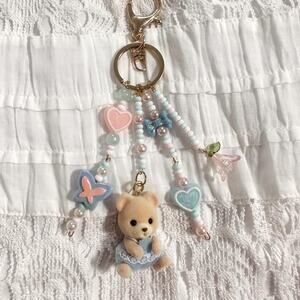 HANDMADE Calico Critter baby blue & pink Coquette Bag Charm/Keychain